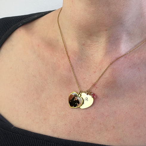 Custom Photo Necklace, Picture Necklace, Image Necklace And Birth Month Flower Necklace (On 2-Discs) With Birthstone Necklace For Mom Day Gift